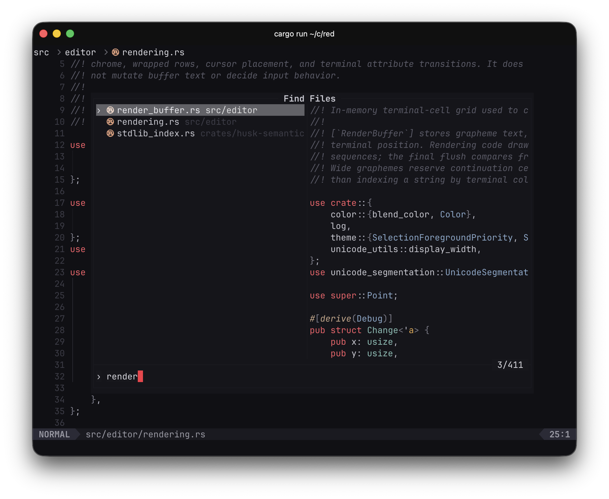 Red fuzzy file finder with a live file preview